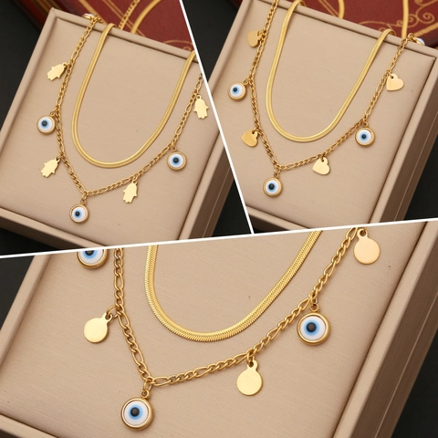Double Layer Evil Eye Hamsa Hand Stainless Steel Necklace Gold Plated Heart Round Pendant Clavicle Chain For Women
