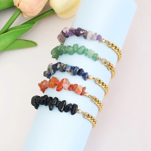 Natural Stone Crystal Gravel Spliced Bracelet Stainless Steel Gold Silver Chain Adjustable Boho Summer Holiday Jewelry For Women