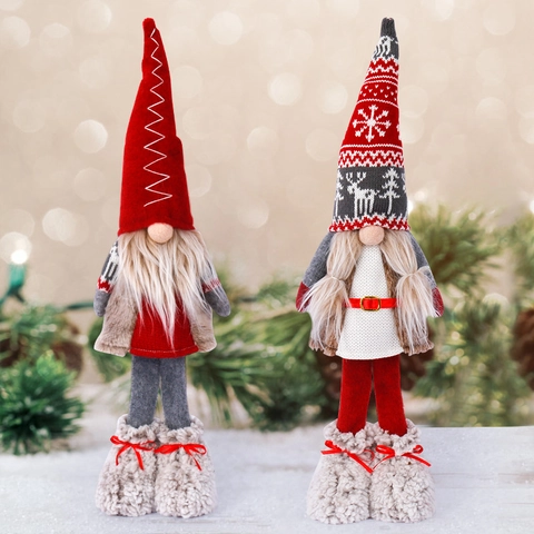 Christmas Gnome Figurine Nordic Knitted Faceless Rudolph Doll Plush Ornament Red Plaid Standing Holiday Home Decor Gift