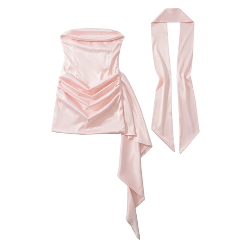 Elastic Satin Polyester Ruched Tube Top Bodycon Mini Dress And Scarf Elegant Sleeveless Slim Fit Party Evening For Women