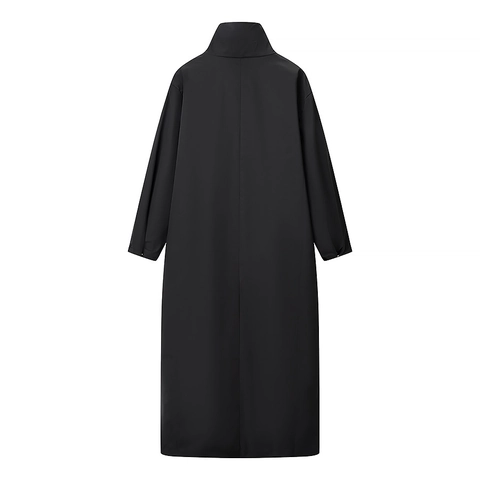 Women Long Black Trench Coat Stand Collar Metal Buckle Minimalist Elegant Polyester Windbreaker Jacket