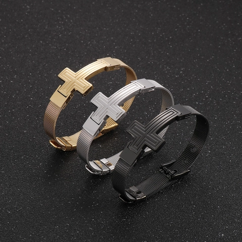 Pulsera De Cruz Para Hombre De Acero Inoxidable Correa De Malla Milanesa Ajustable Estilo Punk Rock