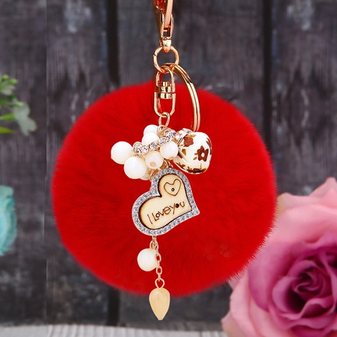 Portachiavi A Cuore In Legno Con Pompon In Pelliccia Sintetica Strass E Ciondolo In Perla Artificiale Anello In Metallo
