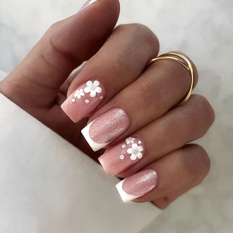 French Tip Press On Nails With 3D Flowers And Artificial Pearls Nude Pink Glitter Glossy Square Round Shape For Women