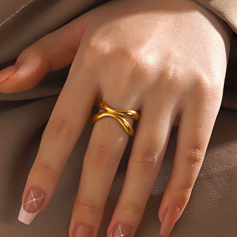 Anello In Acciaio Inossidabile Doppio Strato Croce Onda Linea Regolabile Aperto Geometrico Irregolare Gioielli Minimalisti Donna