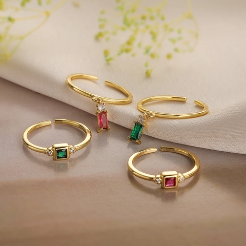 Minimalist Copper Gold Plated Rhinestone Geometric Open Ring For Women Adjustable Square Gemstone Fashion Finger Jewelry