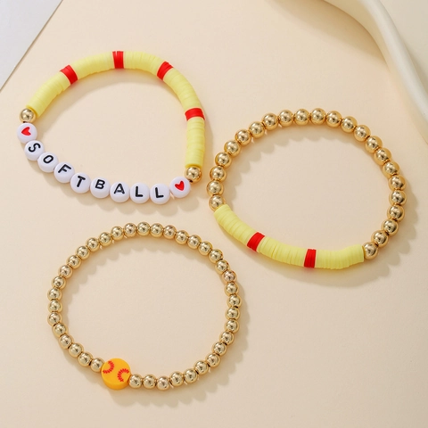 Sports Theme Beaded Bracelet Elastic Polymer Clay Metal Beads Soccer Basketball Volleyball Fan Athletic Jewelry