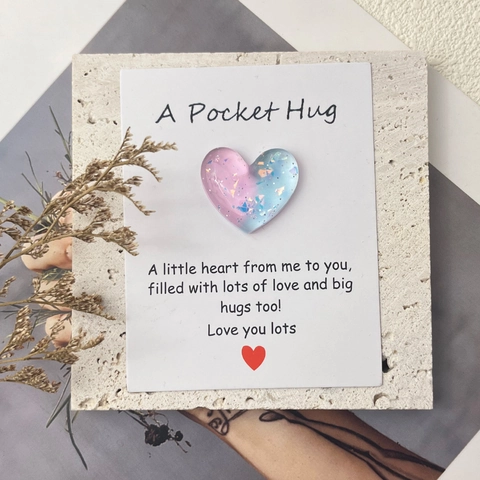 Pocket Hug Token Resin Heart Gradient Glitter With Greeting Card Thinking Of You Gift Souvenir