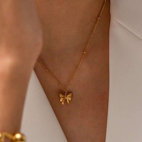 Bowknot Pendant Necklace Stainless Steel Beaded Chain Gold Plated Elegant Minimalist Jewelry For Women