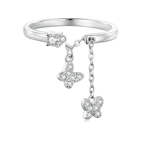 Luxury 925 Sterling Silver Butterfly Chain Open Ring For Women Adjustable Zirconia Finger Jewelry Gift Fashion Ring
