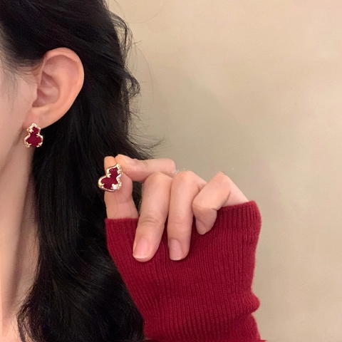 Vintage Red Flocking Gourd Stud Earrings With Gold Star Zircon And 925 Sterling Silver Earring Post Elegant For Women