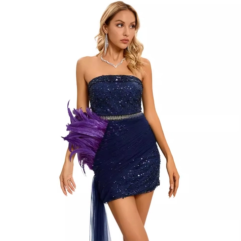 Women Sequin Strapless Mini Dress With Feather Trim And Mesh Train Elegant Party Evening Bodycon Slim Fit