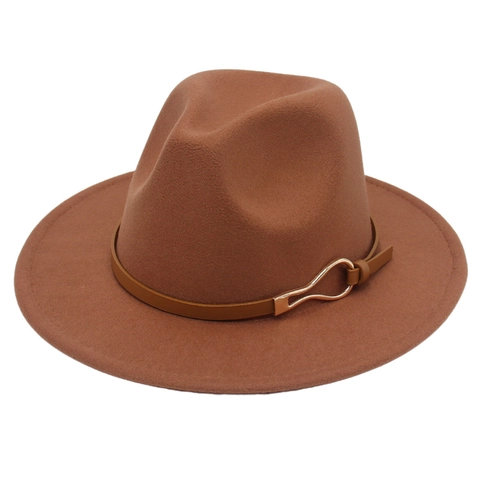 Chapeau Fedora Élégant en Feutre de Laine Avec Ceinture en Similicuir Boucle Métal Doré Bord Large Style Britannique