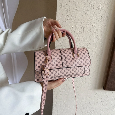 Retro Women Geometric Print Handbag PU Leather Crossbody Bag Top Handle Strap Vintage Flip Cover Square Satchel