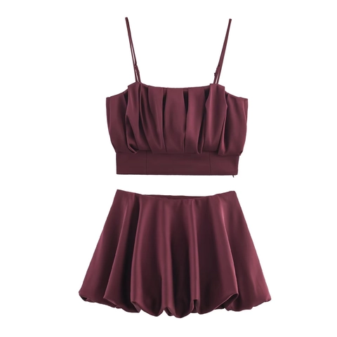 Women Satin Outfits Pleated Cami Top And Bubble Mini Skirt Wine Red Sexy Streetwear Elegant