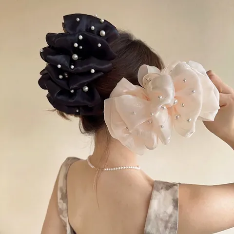 Large Hair Claw Clip Satin Mesh Bow With Artificial Pearls Elegant Oversized French Style Flower Shark Clip For Women