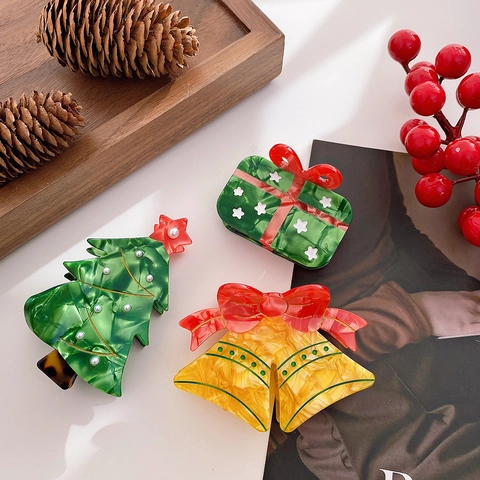 Festose Molle per Capelli in Acetato a Forma di Albero di Natale Campana Scatola Regalo Con Perle Artificiali Marmorizzate Accessori Capelli Donna