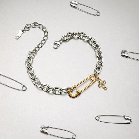 Paperclip Link Bracelet Stainless Steel Gold Silver Two Tone Cross Charm Zircon Inlay Waterproof Hypoallergenic Women