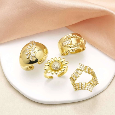 Bagues Ouvertes En Cuivre Plaqué Or Marguerite Tournesol Nœud Géométrique Pour Femmes Élégant Zircon Réglable Bijoux Mode