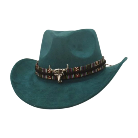 Western Cowboyhut Wildleder Breite Krempe Jazzhut Mit Stierschädel-Schnalle Ethnisches Webband Vintage Outdoor Performance Fedora Hut