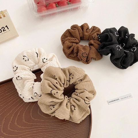 Korean Style Corduroy Scrunchie Smiley Face Pattern Elastic Hair Tie Simple Daily Hair Accessories For Women Girls