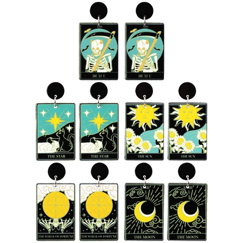 Tarot Karten Hängeohrringe Acryl Gothic Punk Schmuck Halloween Skelett Tod Mond Stern Sonne Für Damen