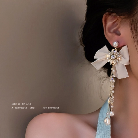 Asymmetric Bow Tassel Earrings With Faux Artificial Pearl Crystal Rhinestone And 925 Sterling Silver Earring Post Elegant Women