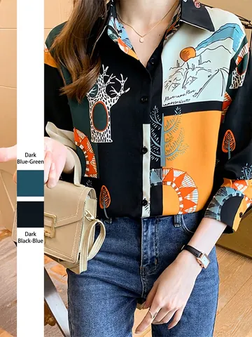 Women Artistic Geometric Print Long Sleeve Shirt Polyester Button Down Lapel Casual Vacation Blouse Top Chic