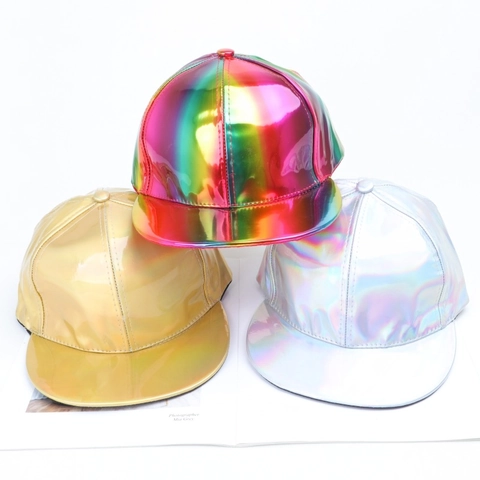 Holografische PU-Leder Baseballkappe Laser Metallic Reflektierende Flache Krempe Snapback Hip Hop Streetwear Hut Unisex