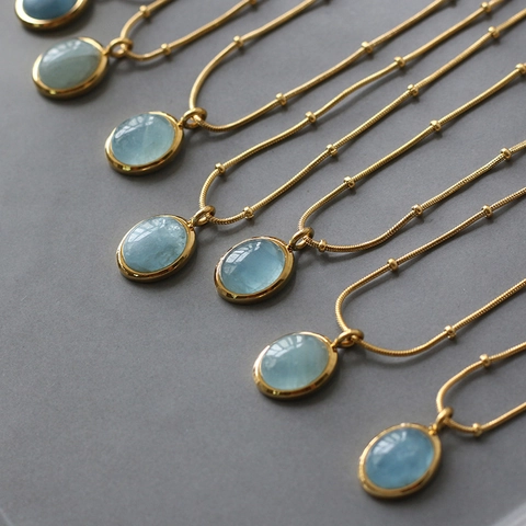 Collana Con Pendente Placcata Oro 18K Acciaio Inossidabile Pietra Naturale Ovale Blu Chiaro Catena A Sfere Vintage Elegante Gioielli Donna