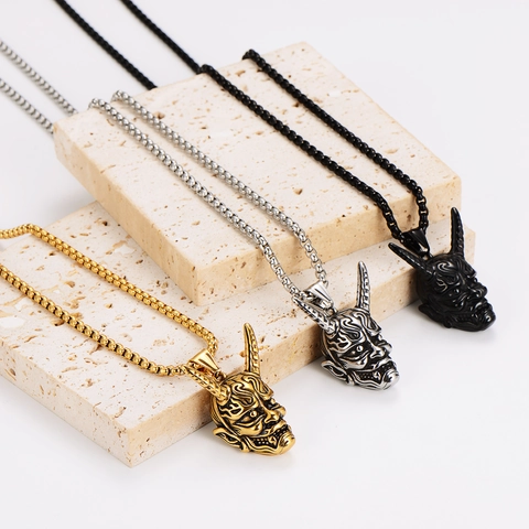 Retro Hannya Mask Pendant Necklace 304 Stainless Steel Punk Gothic Ghost Demon Horn Hip Hop Jewelry For Men