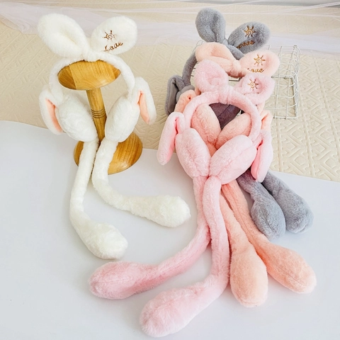 Cache-Oreilles Oreilles De Lapin Mobiles Peluche Fausse Fourrure Hiver Chaud Mignon Bandeau Airbag Pour Enfants Filles Broderie