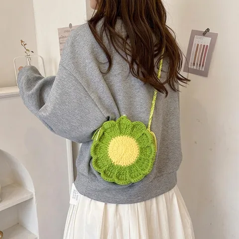 Borsa A Tracolla Fatta A Mano A Forma Di Girasole Donna Piccola Borsa In Maglia Di Fiori Freschi Con Bottone Di Perla Artificial