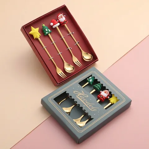 Cuillère Et Fourchette De Noël En Acier Inoxydable Avec Décoration En Silicone Dessin Animé Mélangeur De Dessert Doré Boîte Cadeau