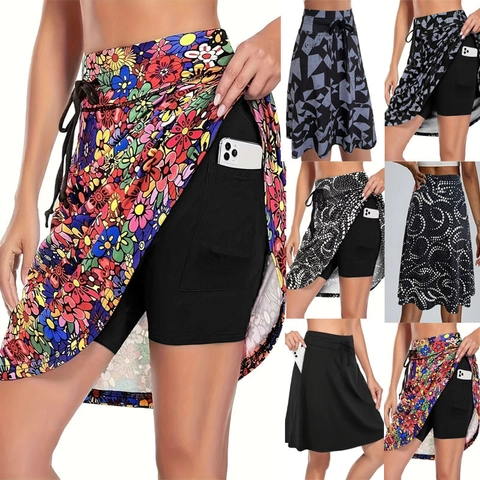 Damen Übergröße Bedruckte Hosenröcke Mit Taschen Doppellagiger Sportlicher Shorts Rock Lässige Hohe Taille Sportbekleidung