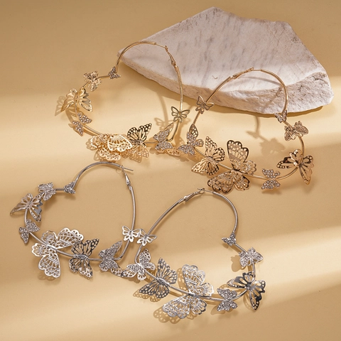 Large Heart Hoop Earrings With Butterfly Rhinestone Hollow Out Exaggerated Fashion For Women With Silver Earring Post