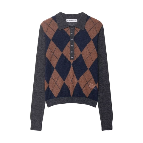 Suéter Polo De Punto De Rombos De Manga Larga Para Mujer Vintage Estilo Preppy Casual