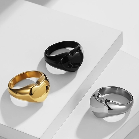 Anillos de Sello de Corazón de Acero Inoxidable para Mujer Hombre Bandas de Metal Minimalistas Pulidas Estilo Vintage Joyería Amorosa