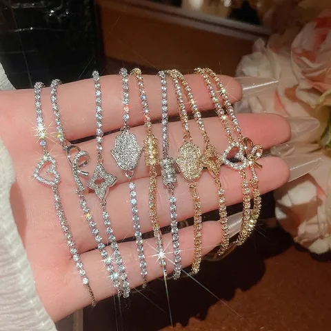 Damen Verstellbares Tennisarmband Kupfer Mit Zirkon Herz Schleife Blume Hamsa Hand Anhänger Eleganter Modeschmuck