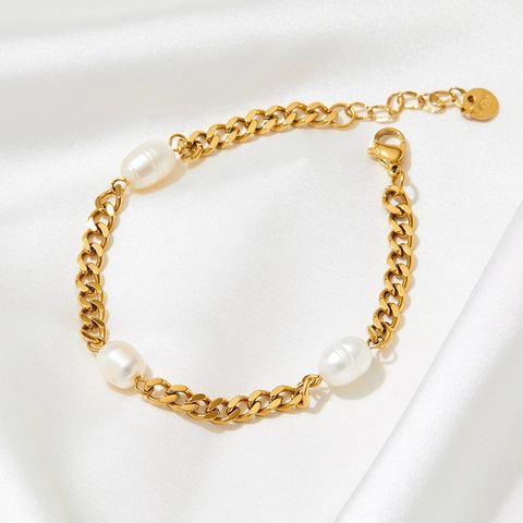 Bracciale Catena Cubana Perla Artificial Barocca Vintage Spesso Acciaio Inossidabile Regolabile Gioielli Da Donna Stile Retro Elegante