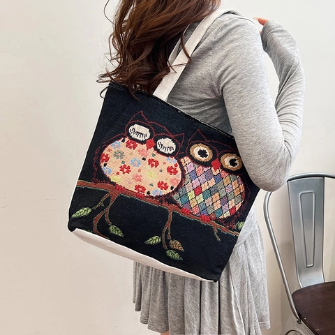 Ethnic Embroidered Canvas Tote Bag Large Capacity Owl Elephant Pattern Handheld Shoulder Shopping Bag Women Retro