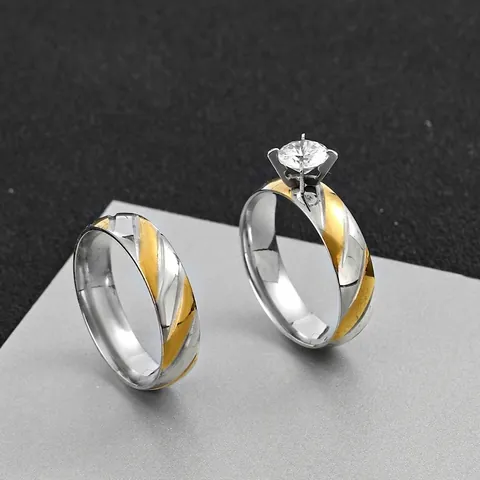 Stainless Steel Couple Rings Two Tone Gold Silver Twill Pattern Cubic Zirconia Four Claw Inlaid Wedding Band Fashion Jewelry