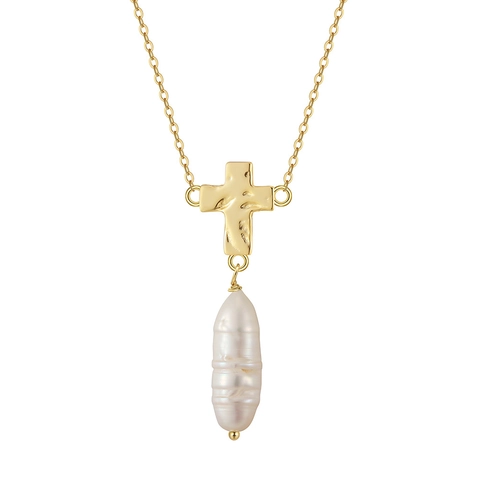 925 Sterling Silver Baroque Pearl Cross Pendant Necklace Gold Plated Vintage Religious Design Fashion Jewelry For Women Gift