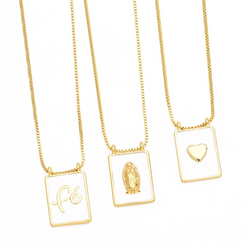 Rectangular Pendant Necklace Copper Gold Plated White Enamel Virgin Mary Cross Heart Faith Zircon Square Chain Jewelry Women