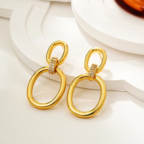 Ineinandergreifende Doppelte Ovale Ring Ohrringe 18K Vergoldeter Edelstahl Zirkonia Geometrische Hängeohrringe Schmuck Damen