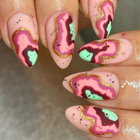 Matte Almond Press On Nails Abstract Marble Pattern Gold Glitter Decorative Long False Nails Elegant Nail Art For Women