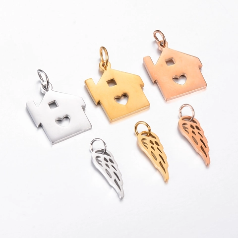 Dijes Colgantes De Acero Inoxidable Pulido Casa Corazón Hueco Forma Ala Pluma DIY Accesorios Para Joyería