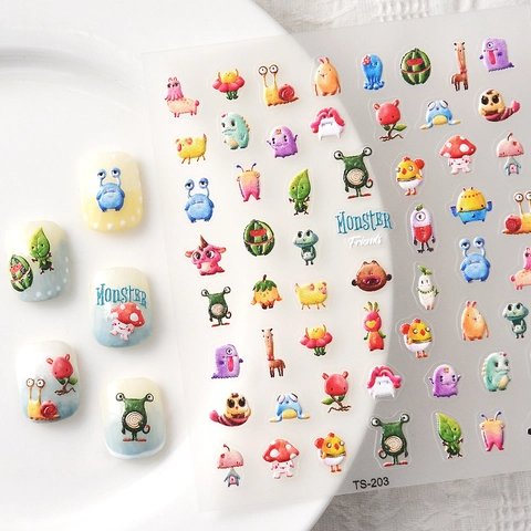 Cartoon Monster 5D Embossed Nail Art Stickers Relief Self Adhesive Waterproof Plastic Marine Life Flower Manicure Decoration
