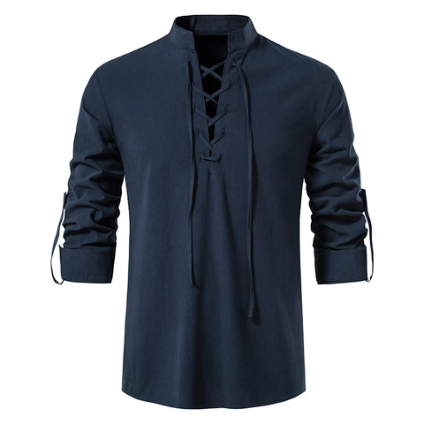 Ανδρικό Casual Henley Πουκάμισο από Μείγμα Βαμβακιού Μακρυμάνικο με Όρθιο Γιακά Κορδόνια Hippie Αναπνεύσιμο Μονόχρωμο Ρετρό Top