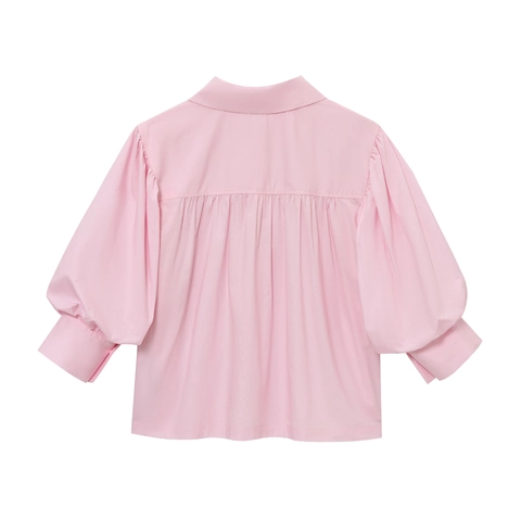 Women Blouse Pink Puff Sleeve Lapel Solid Color Casual Fashionable Top Polyester Cotton Ladies Wear